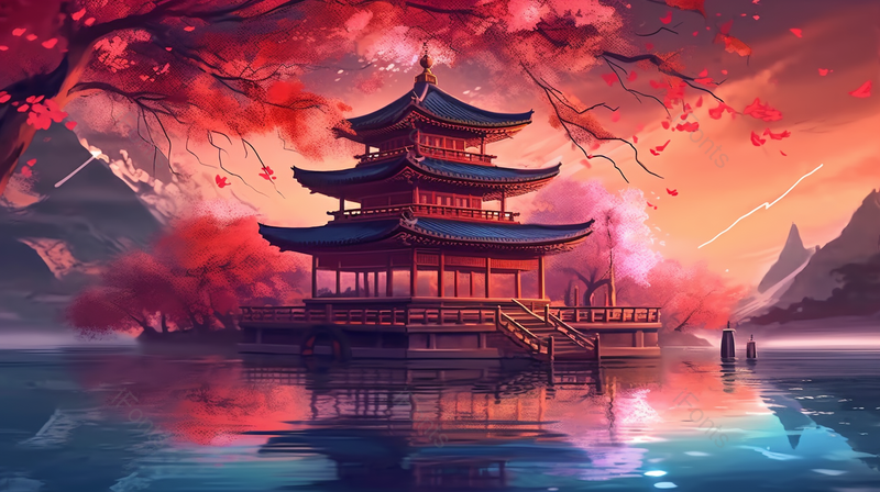 古代楼阁中国风建筑插画背景,插画/手绘图,插画/手绘图库,插画/手绘图下载,插画/手绘